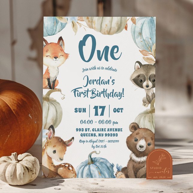 Woodland Boy Blue Pumpkin 1st Birthday Invitation (Creator Uploaded)