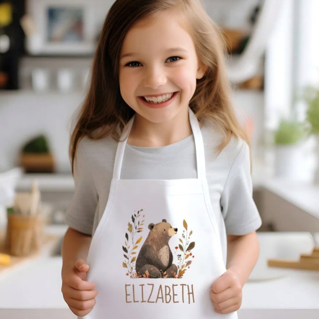 Woodland Brown Bear Cute Personalized Kids Apron (Creator Uploaded)