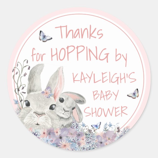 Woodland Bunnies Floral Pink Baby Shower Thank You Classic Round Sticker (Front)