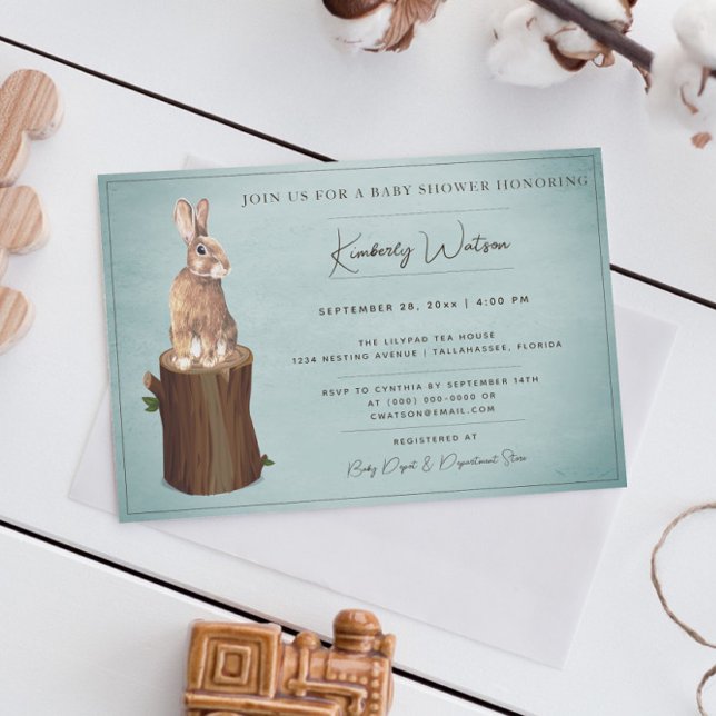 Woodland Bunny Baby Shower | Teal Invitation (Teal Woodland Bunny Baby Shower Invitation)