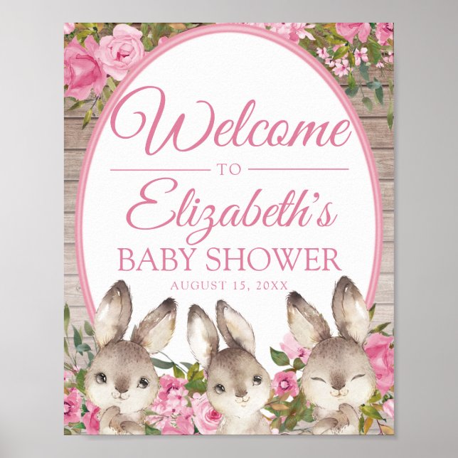 Woodland Bunny Pink Girl's Baby Shower Welcome Poster (Front)