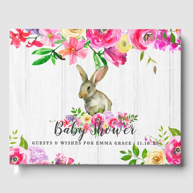 Woodland Bunny Rabbit Floral Baby Girl Shower Guest Book (Front)