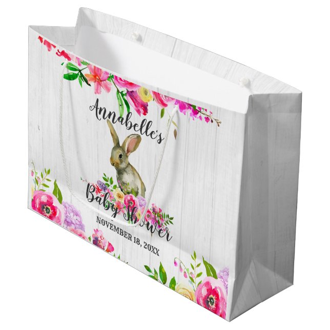Woodland Bunny Rabbit Pretty Floral Baby Shower Large Gift Bag (Front Angled)