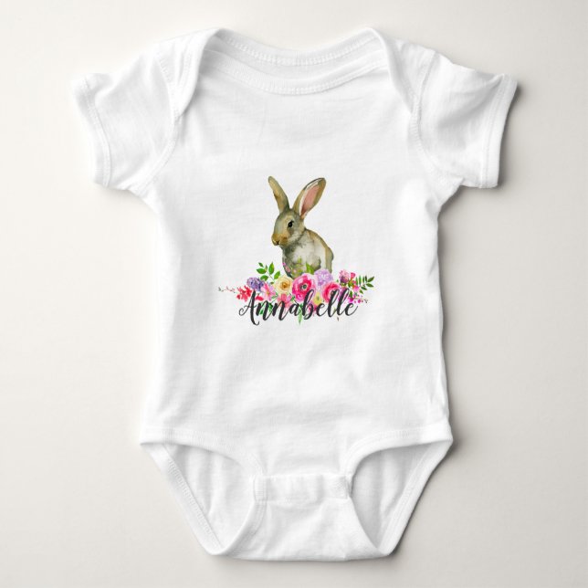 Woodland Bunny Rabbit Watercolor Floral Baby Monog Bodysuit (Front)
