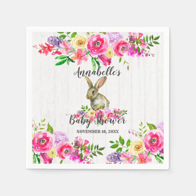 Woodland Bunny Rabbit Watercolor Floral Baby Showe Napkin (Front)