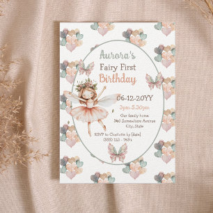 Woodland Butterflies & heart Fairy First birthday Invitation