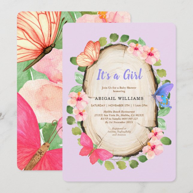 Woodland Butterfly Girl Baby Shower Invitation (Front/Back)