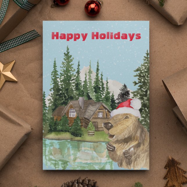 Woodland Cabin Lake Christmas Beaver Watercolor Postcard (Creator Uploaded)