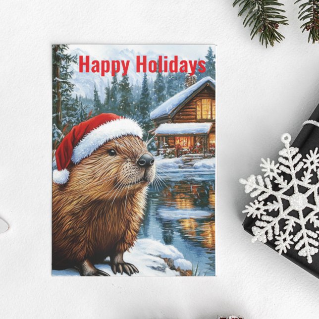 Woodland Cabin Lake Christmas Beaver Watercolor Postcard (Creator Uploaded)