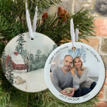 Woodland Cabin Watercolor Custom Photo Ceramic Tree Decoration<br><div class="desc">Photo Christmas ornament which you can personalise for your husband or anyone else! The design has an elegant watercolor scene on one side of forest cabin in the snow. The other side has your photo and your names or other custom text. The photo template displays your photo in round format...</div>