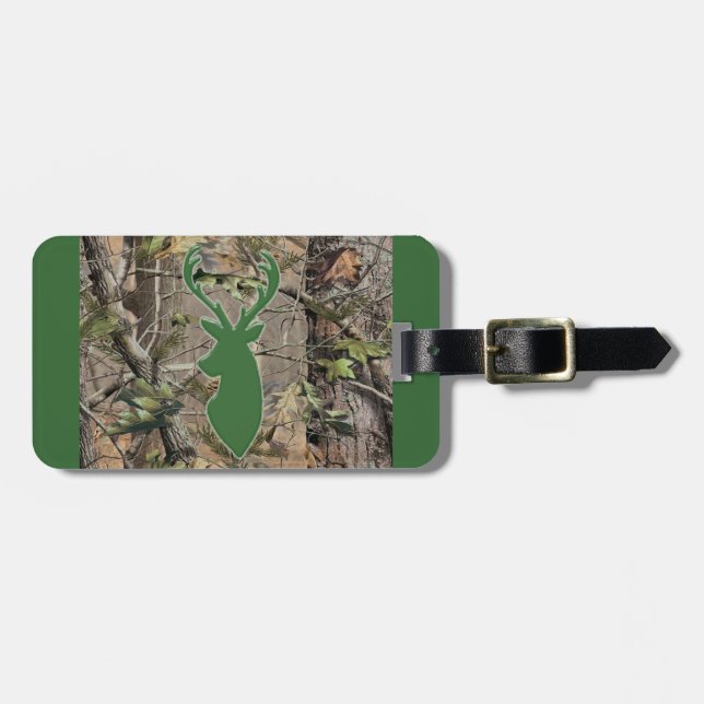 Woodland camo green deer head luggage tag (Front Horizontal)