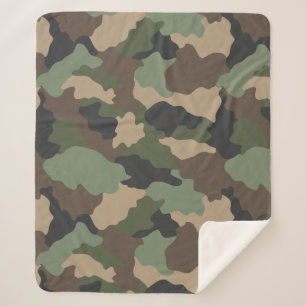 Woodland Camouflage Camo Khaki Green Tan Black Sherpa Blanket