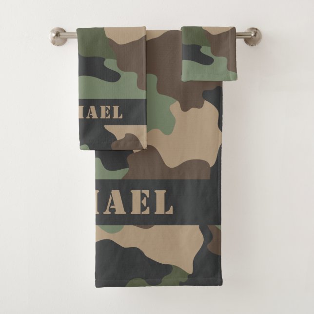Woodland Camouflage Camo Khaki Tan Black Monogram Bath Towel Set (Insitu)