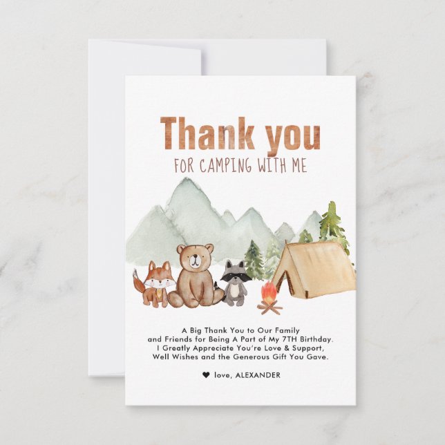 Woodland Campers Camping Birthday Thank You Card (Front)