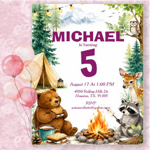 Woodland Camping Birthday Party  Invitation