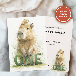Woodland Capybara 1st Birthday Invitation