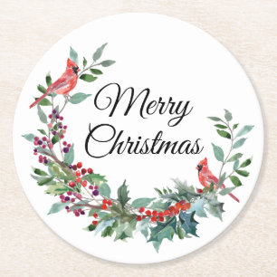 Woodland Cardinal Christmas Round Paper Coaster