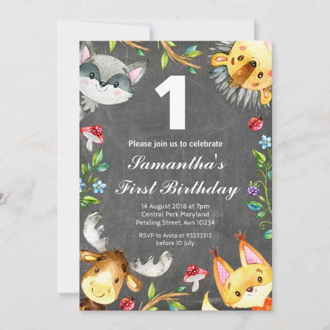 Woodland Chalkboard Birthday Invitation (Front)