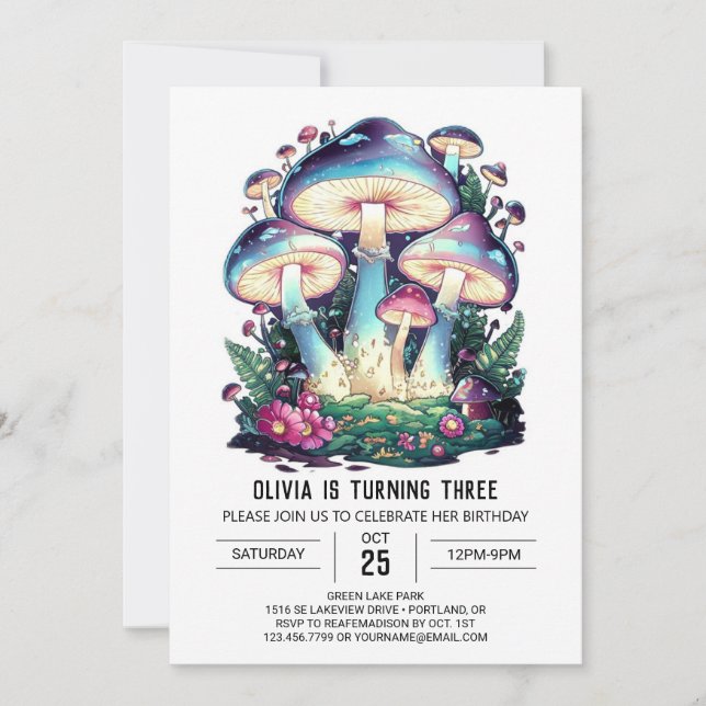 Woodland Charming Digital Mushroom Birthday Invitation (Front)