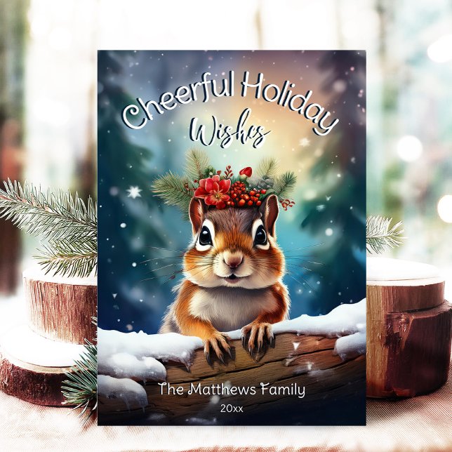 Woodland Chipmunk Cheerful Christmas Rustic Forest Holiday Card (Adorable Winter Snowy Scene With Peeking Dogs or Farm/Woodland Animals - Over 50 to Choose From!)