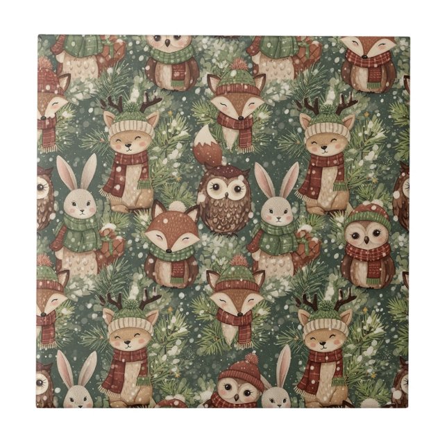 Woodland Christmas Animals Pattern – Cute Winter Tile (Front)