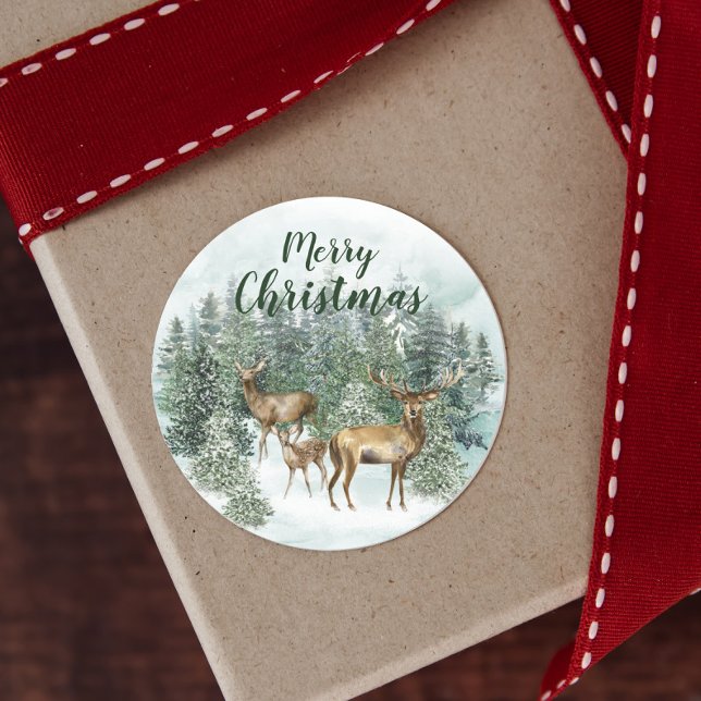 Woodland Christmas Deer Watercolor Classic Round Sticker (Creator Uploaded)