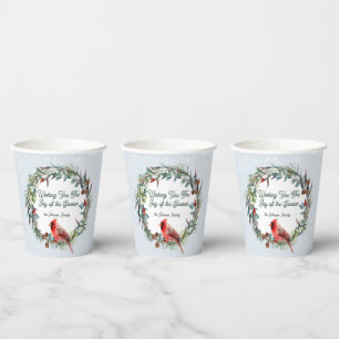 Woodland Christmas Wreath, Cardinal, Snowflakes Paper Cups