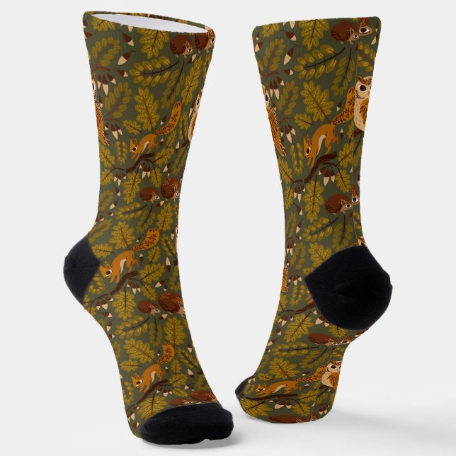 Woodland Creatures and Leaves Pattern Socks (Angled)