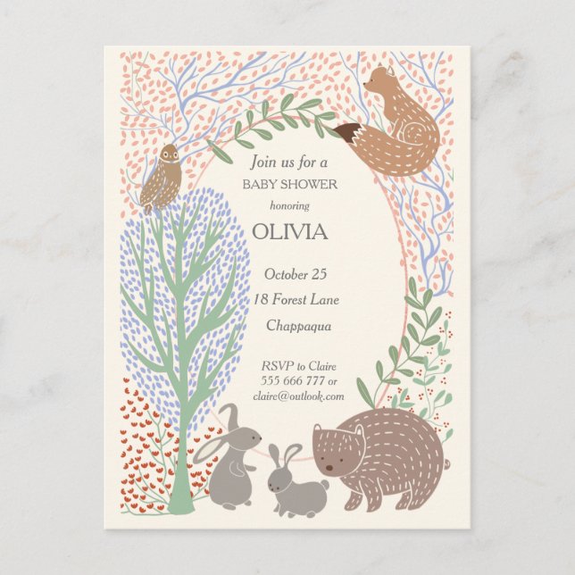 Woodland creatures animal baby shower invitation  postcard (Front)