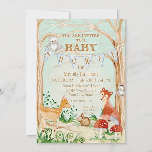 Woodland Creatures Animals Deer Fox Rabbit Owl Art Invitation (Front)