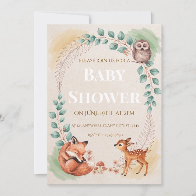 Woodland Creatures Baby Shower Invitation  (Front)