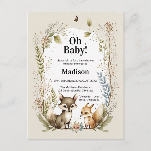 Woodland Creatures Baby Shower Invite Watercolor Postcard (Front)