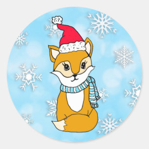 Woodland Creatures Christmas Fox with Santa hat Classic Round Sticker