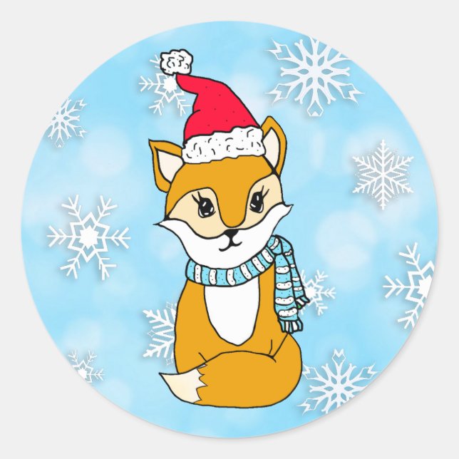 Woodland Creatures Christmas Fox with Santa hat Classic Round Sticker (Front)