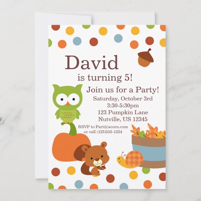 Woodland Creatures Fall Birthday Party Invitation (Front)