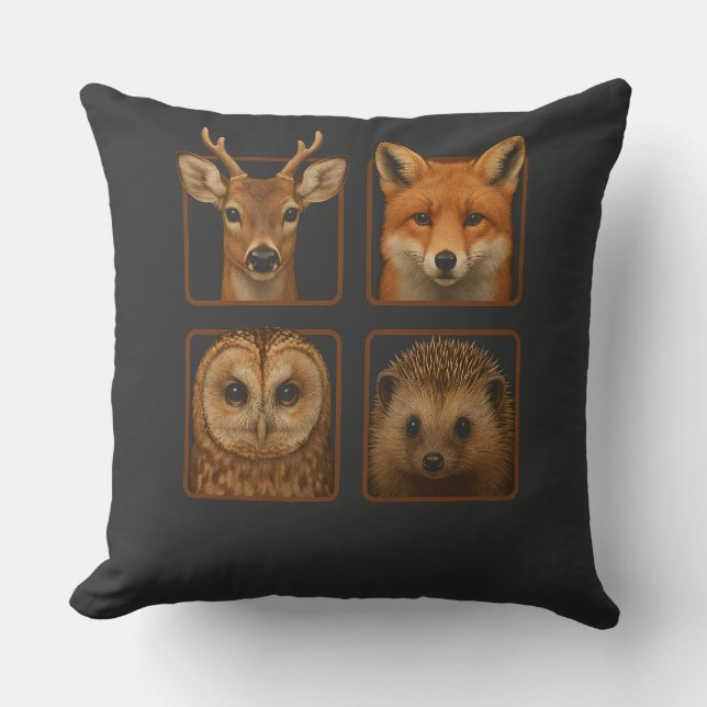 Woodland Creatures Forest Animals Deer Fox Owl Hed Cushion (Front)
