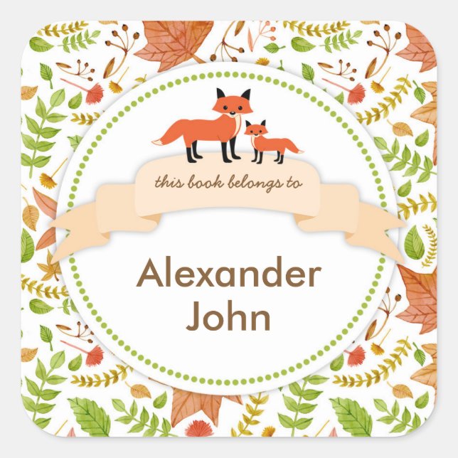 Woodland Creatures Fox Book plates / fall leaves Square Sticker (Front)