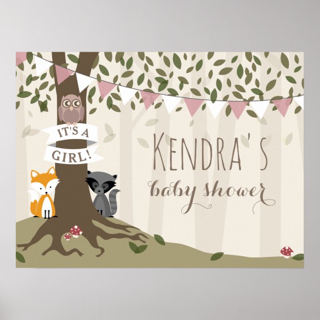 Woodland Creatures Girl Baby Shower Poster (Front)