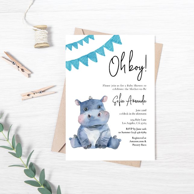Woodland Cute Animal Hippopotamus Baby Shower Invitation (Creator Uploaded)