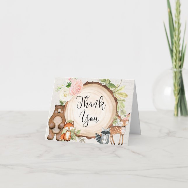Woodland cute animals blush pink floral rustic thank you card (Front)