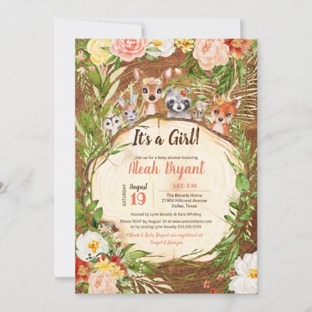 Woodland Cute Animals Forest Girl Wood Baby Shower Invitation (Front)