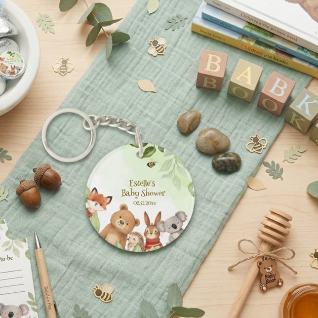 Woodland Cute Animals Greenery Baby Shower Key Ring (Creator Uploaded)