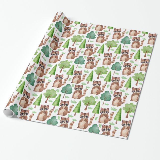 Woodland Cute Cartoon Racoon Forest Animal  Wrapping Paper (Unrolled)