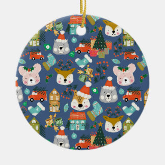 Woodland Cute Santa Animals Denim Blue Ceramic Tree Decoration