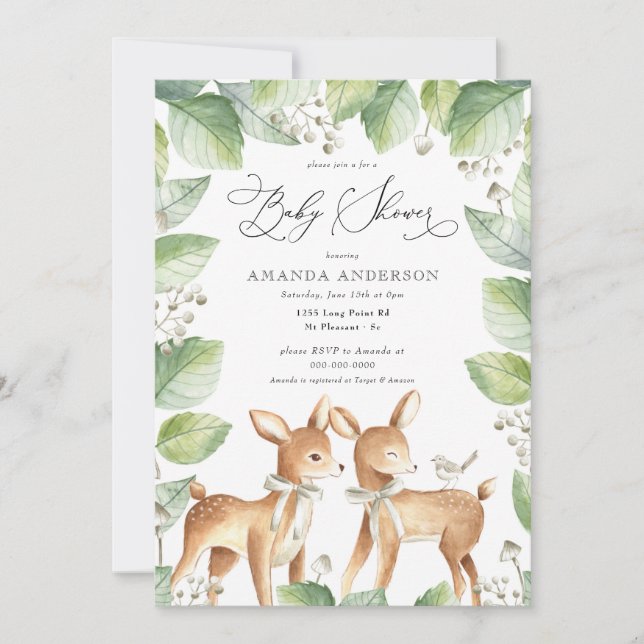 Woodland Dear Girl Greenery Neutral Baby Shower Invitation (Front)