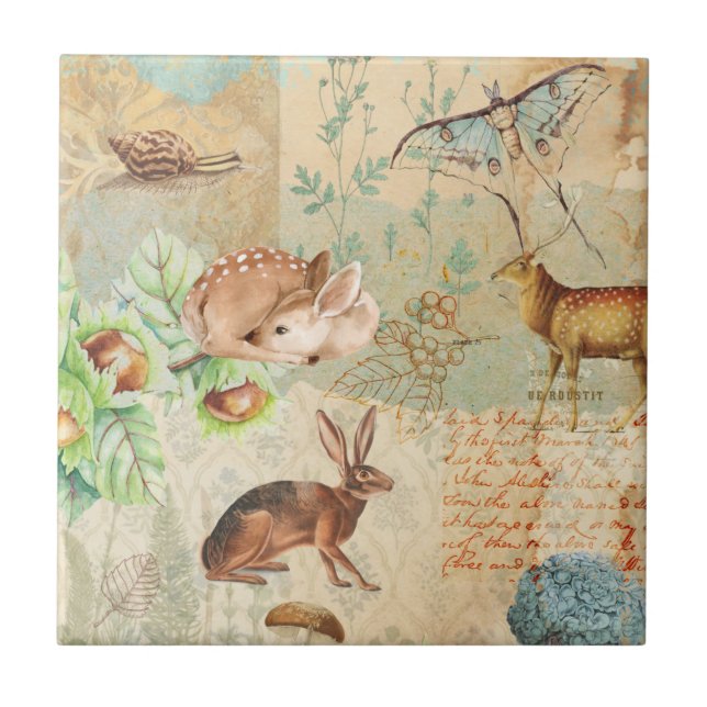 Woodland Decoupage Forest Wildlife Deer, rabbit Tile (Front)
