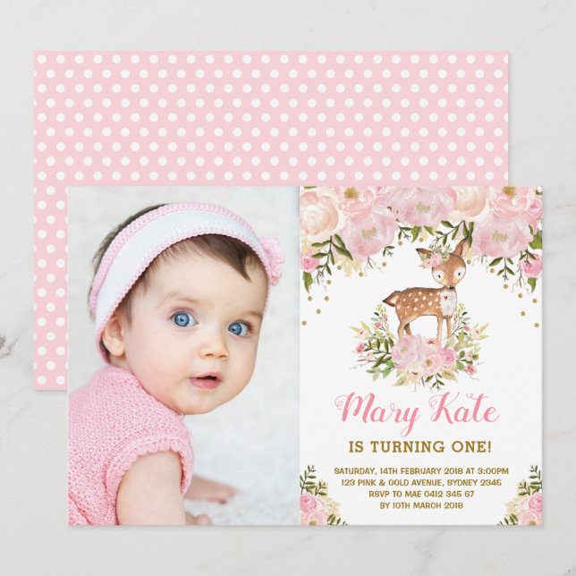 Woodland Deer 1st Birthday Pink Gold Pastel Floral Invitation (Front/Back)