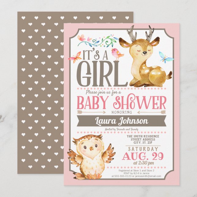 Woodland Deer and Owl Girl Baby Shower Invitation (Front/Back)