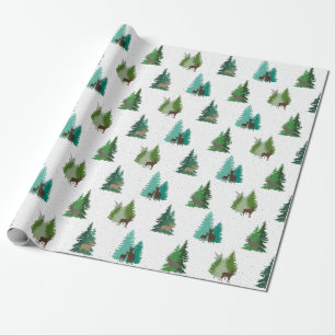 Woodland Deer and Pine Trees Pattern Wrapping Paper