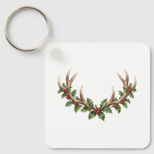 Woodland Deer Antlers with Holly Key Ring